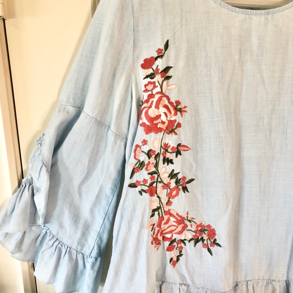 Light Blue Floral Embroidered Ruffle Top - Picture 3 of 10